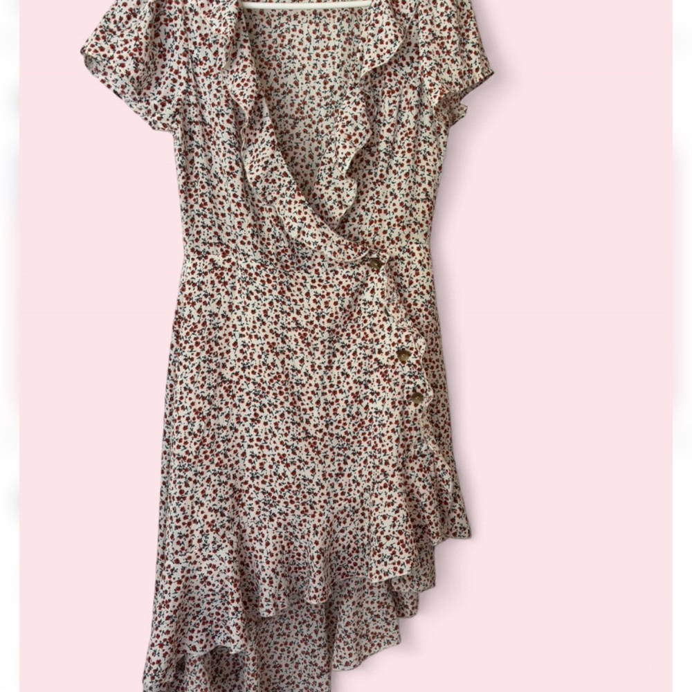 Hello Molly/Bloom Asymmetric Wrap Dress with Ruffle Detail and Button Closure